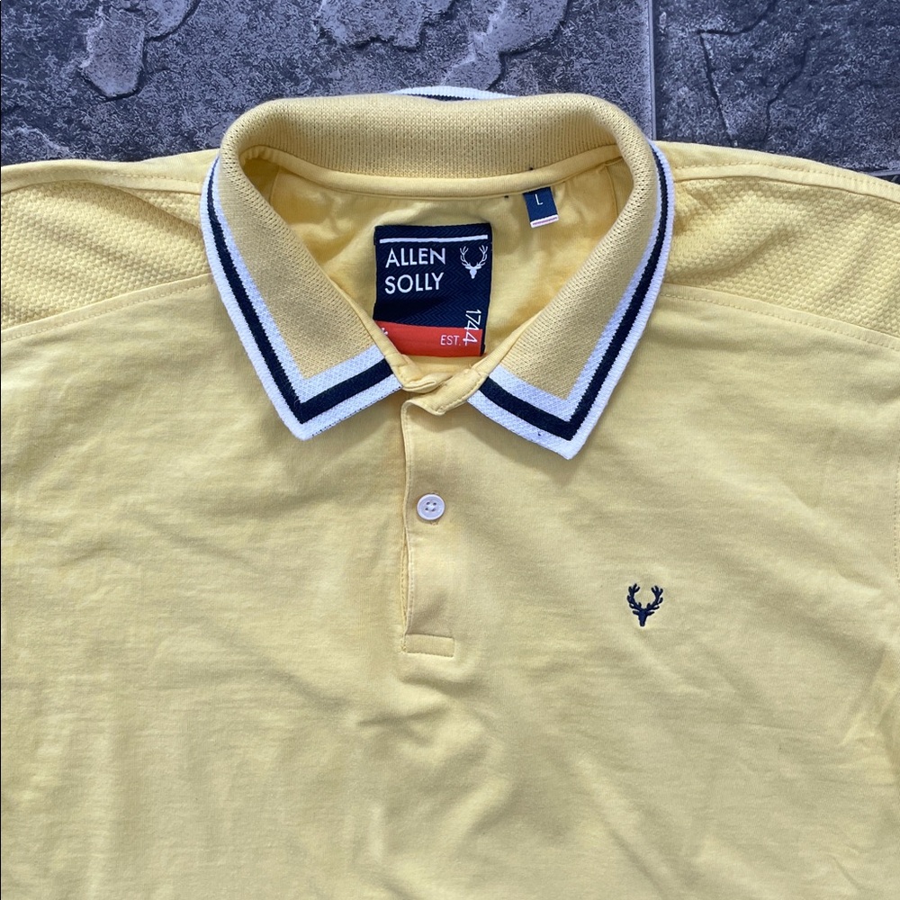 ALLEN SOLLY Men’s Yellow Preppy Resortwear Polo with Contrast Navy-White Trim